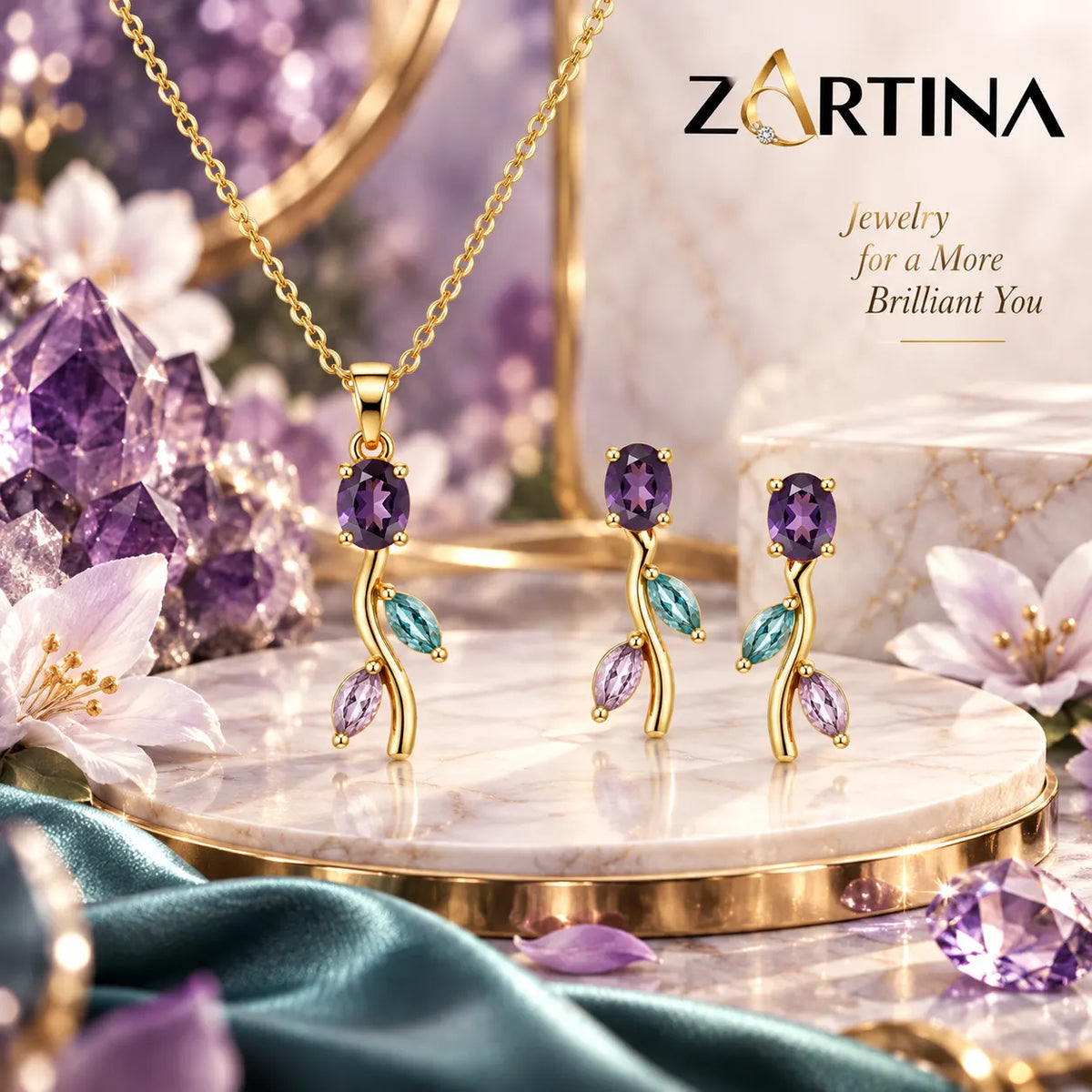 Amethyst Tulip Bloom Pendant Set